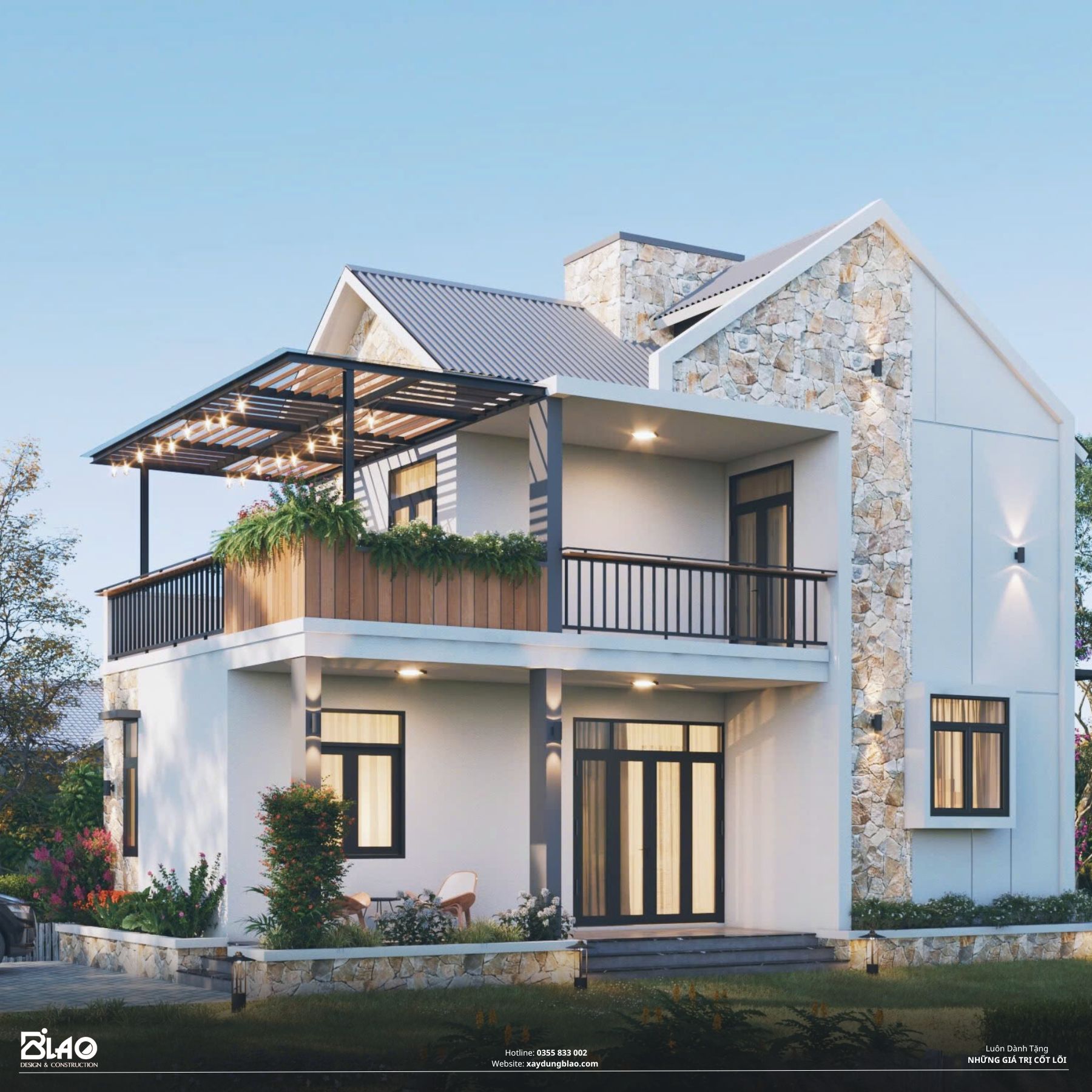 Ngôi nhà vườn hiện đại 1 trệt 1 lầu, với diện tích 6.5m x 11.5m, được thiết kế tinh tế và hài hòa.