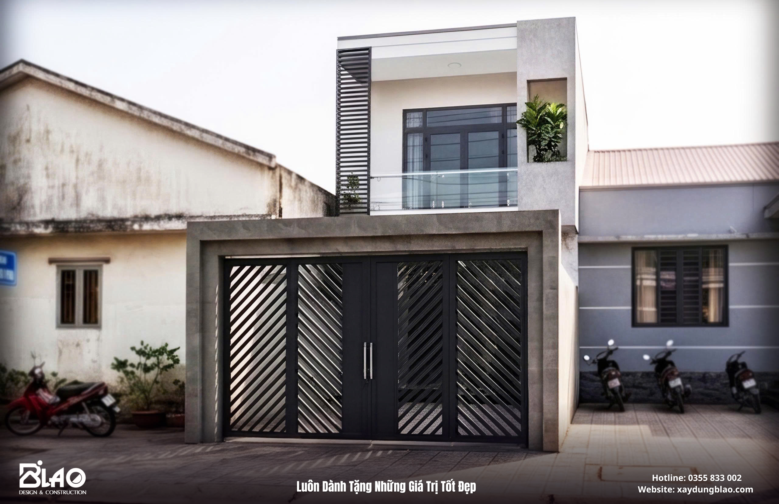 phương án thiết kế nhà phố 1 trệt 1 lầu với tổng diện tích 200m², mang phong cách hiện đại, tối ưu công năng trên khu đất phố hiện hữu.