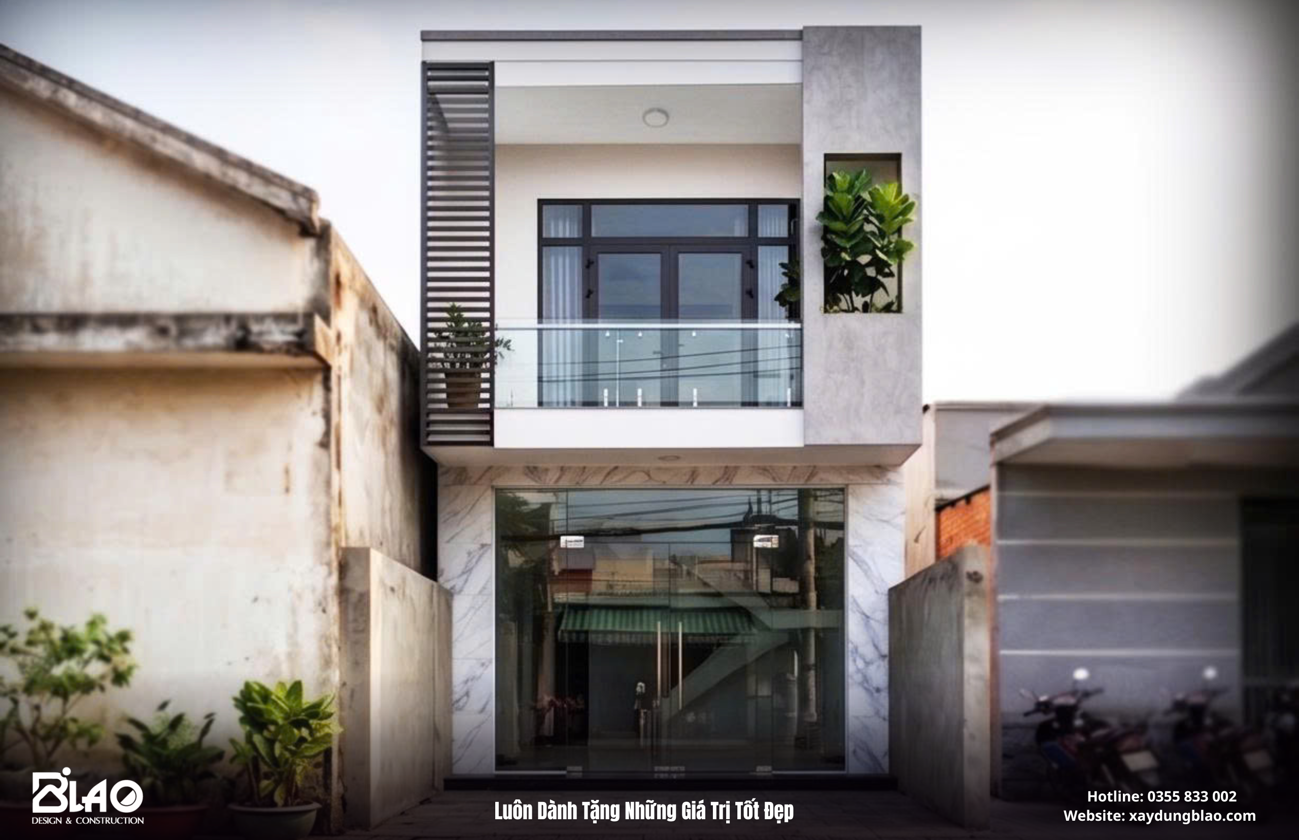 phương án thiết kế nhà phố 1 trệt 1 lầu với tổng diện tích 200m², mang phong cách hiện đại, tối ưu công năng trên khu đất phố hiện hữu.